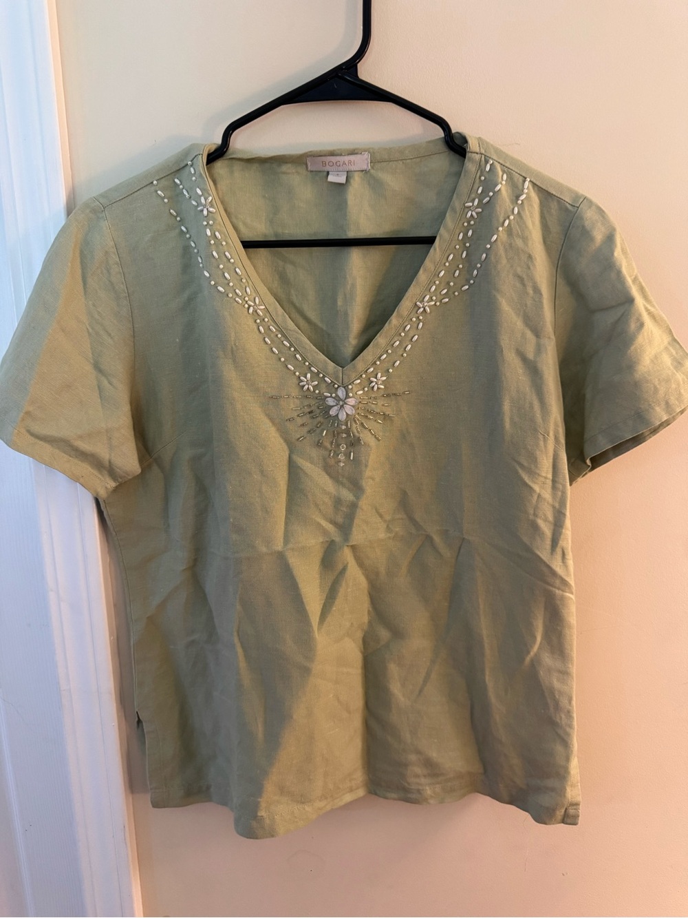Bogari Light Green V-Neck Embellished Short Sleeve Top